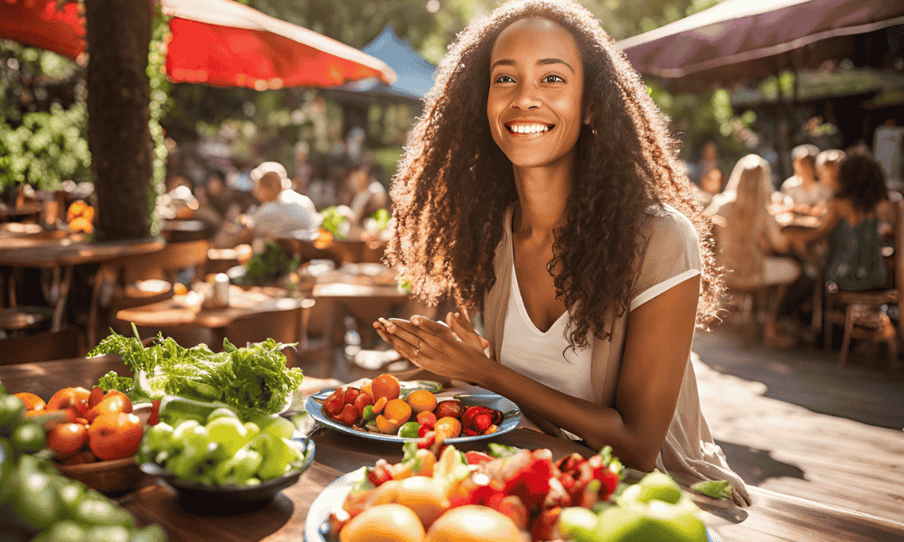 A healthy individual enjoying a nutrient-dense meal symbolizing improved nutrient absorption and vitality.