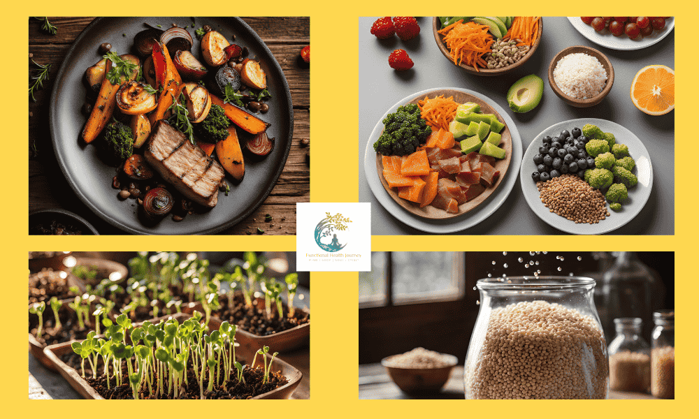 Infographic of food pairings to improve nutrient absorption, such as spinach with olive oil, lentils with lemon, raw versus cooked foods, and techniques like soaking and sprouting grains