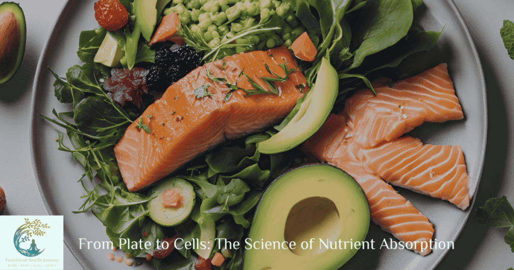 A colorful plate of nutrient-rich foods like spinach, avocado, and salmon showcasing nutrient absorption